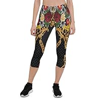 Capri Leggings for Women Girls Flower Bloom Auric Gold Black Yoga Pants