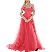 A-line Off The Shoulder Tulle Prom Dresses for Women, Long Formal Evening Gowns Dress Wedding Party Dress