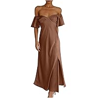 Womens 2023 Off The Shoulder Casual Ruffle Short Sleeve Maxi Dress Solid Side Split Cocktail Dresses Summer Beach Dress