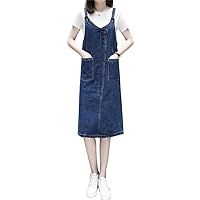 Classic Women Denim Casual Skirt V Neck Overall Jean Dress Plus Size