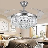 42-inch Invisible Ceiling Fan Chandelier with Light,Modern Crystal Ceiling Fan Light Remote Control 4 Retractable ABS Blades for Living Room Bedroom Dining Room Home Decoration