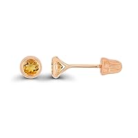 Solid 14K Gold Hypoallergenic 3mm Round Solitaire Genuine Birthstone Bezel Screw Back Stud Earrings
