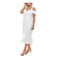 Womens Ivory Stretch Ruffled Cold Shoulder Pullover Styling Short Sleeve Sweetheart Neckline Midi Evening Sheath Dress Juniors 20