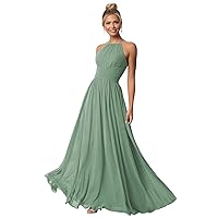 Halter Long Chiffon Formal Dresses for Women Pleated Waist A line Evening Party Gowns with Pockets Z028