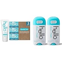 Hello Antiplaque Toothpaste, Fluoride Free for Teeth Whitening with Natural Peppermint Flavor & Activated Charcoal Fresh and Clean Deodorant for Women + Men, Aluminum Free, Baking Soda Free