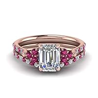 Choose Your Gemstone Emerald Cut Petite Cathedral Wedding Ring Set Rose Gold Plated Emerald Shape Wedding Ring Sets Minimal Modern Design Birthday Gift Wedding Gift US Size 4 to 12