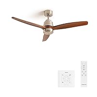 CREATE Windstylance Ceiling Fan Nickel with Remote Control and Wall Switch, Dark Wooden Wings / 40 W, 2 Heights, Diameter 132 cm, 6 Speeds, Timer, DC Motor, Summer Winter Operation