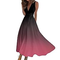 Dresses for Women 2024 Pink Summer Vacation Long Maxi Swing Dress A Line Dress Print Sleeveless V Neck Dress