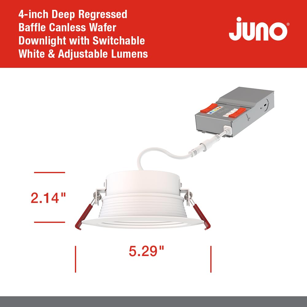 Juno WF4 Dreg B ALO19 SWW5 90CRI MW M6 Canless Wafer Recessed LED Downlight, Deep Regressed Baffled Trim Style, 4-Inch, Matte White