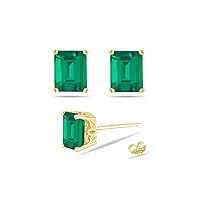 Lab Created Emerald Cut Emerald Scroll Stud Earrings in 14K Yellow Gold Available in 5x3mm - 9x7mm