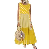Womens Linen Dress Summer Sleeveless Polka Dots Dress Casual Cute Crewneck Swing Dress Linen Maxi Dress