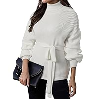 Dokotoo Women's Turtleneck Sweaters Long Sleeve Belted Waist Knitted Pullover Top