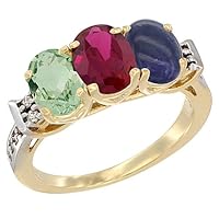 14K Yellow Gold Natural Green Amethyst, Enhanced Ruby & Natural Lapis Ring 3-Stone 7x5 mm Oval Diamond Accent, sizes 5 - 10