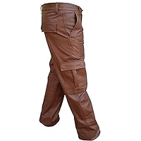 Mens Real Leather Cargo2 Jeans Brown W32 X L34
