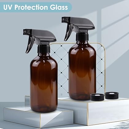 Bontip Glass Spray Bottle, Amber Bottle Set & Accessories for Non-toxic Window Cleaners Aromatherapy Facial Hydration Watering Flowers Hair Care (2 Pack/16oz) (Amber)