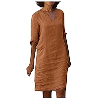 Summer Dresses for Women 2024,Cotton Linen Midi Dress V Neck 3/4 Sleeve Cover Up Beach Sundress Casual Plus Size Dresses