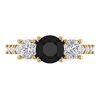 2.1 ct Round Cut Solitaire 3 stone Accent Natural Black Onyx Statement Anniversary Promise Engagement ring 18K Yellow Gold