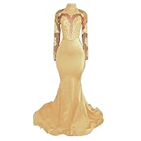 Long Sleeves Mermaid Backless Prom Dresses Girls Gold Lace See Through High Neck Party Gowns