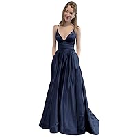 Satin Prom Dress Long 2024 Spaghetti Straps V-Neck Formal Evening Party Gowns with Pockets