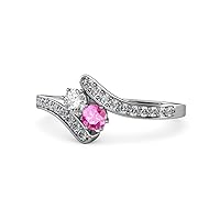 Round Lab Grown Diamond & Pink Sapphire 2 Stone with Side Diamonds Bypass Engagement Ring 3/4 ctw 14K Gold