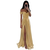 SOLODISH Off The Shoulder Bridesmaid Dresses Satin Pleated A Line Formal Evening Party Gown with Slit