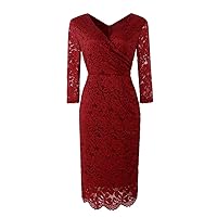Red Elegant Lace Office Ladies Pencil Dress Vintage Women's V-Neck 3/4 Long Sleeve Slim Tight Dress