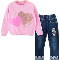 Peacolate Spring Autumn 2-10 Years Little&Big Girl Sweater and Embroidered Jeans 2pcs Clothing Set(Pink Heart,5Years)