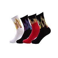 4 Packs Unisex Flame Printed Socks Fashion Hip Hop Skateboard Socks Soft-Breathable Cotton Athletic Sports Socks, Black, Medium