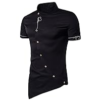 Mens Irregular Banded Collar Shirts Short Sleeve Muscle Embroidery Shirt Casual Button Down Slim Fit Dress Shirt