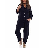 Women's Rompers 2024 Casual Solid Color V-Neck Long Sleeve Button Pocket Jumpsuit Rompers, S-2XL
