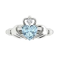 Clara Pucci 1.52ct Heart Cut Irish Celtic Claddagh Solitaire Aquamarine Blue Simulated Diamond designer Modern Ring 14k White Gold