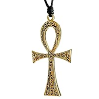 Egyptian Wicca Pagan Jewelry Ankh Cross of life Magic Wiccan Key of the Nile Gold Plated Pewter Men's Pendant Necklace Protection Amulet Wealth Lucky Charm Safe Travel Talisman w Black Adjustable Cord