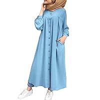 Womens Muslim Dress Middle East Arabian Robe Islamic Button Down Abaya Long Sleeve Plus Flowy Maxi Robe with Pockets
