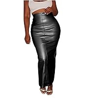 High Waisted Bodycon Skirt for Women Slim Fit Metallic Skirt Wrap Solid Color Club Skirt Casual Party Maxi Skirt
