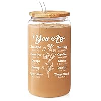 SANDJEST Christian Gifts for Women - Inspirational 16 Oz Can Glass Coffee Cup with Bamboo Lid & Straw- Religious Gifts, Motivational Catholic Gifts for Womens Ladies