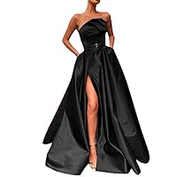 Women's Strapless Satin Prom Gown with Pockets Sleeveless High Slit Evening Dress