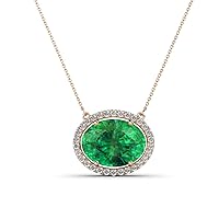 Oval Cut Lab Created Emerald & Round Natural Diamond 2.80 ctw Women East West Halo Pendant Necklace 14K Gold