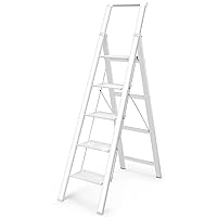5 Step Ladder, Aluminum Ladder with Handrails, Folding Step Stool for Adults, 330LBS Capacity Sturdy& Portable Ladder for Home Kitchen Library Office, White