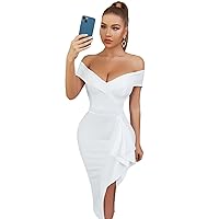 Exclusive Women Evening Gown Dress White Sexy V-Neck Off The Shoulder Split Evening Party Dress