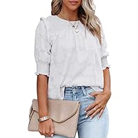 Dokotoo Womens Blouses Half Sleeve Shirred Tops Crewneck Lace Textured Flowy Casual Shirts