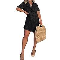 Denim Shirt Dress for Women Short Sleeve Distressed Fringe Hem Short Jean Shirt Dress