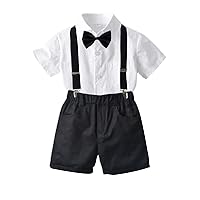 summer boys' white short-sleeved bow tie shirt and black strap shorts,children's casual suits.