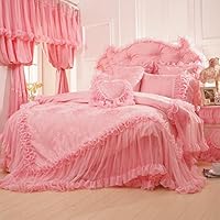 LELVA Beautiful Korean Bedding Set,Romantic Girls Lace Ruffle Bedding Sets Queen Size (Pink, Twin)