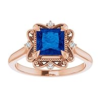 Vintage Square Blue Sapphire Engagement Ring 14k Rose Gold, Victorian Halo 3 CT Princess Cut Natural Blue Sapphire Diamond Ring, Antique Ring