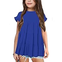 Girls Summer Tiered a Line T Shirts Casual Loose Swing Ruffle Trim Babydoll Tops 6-14 Years