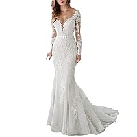 Women's V Neck Mermaid Wedding Dresses Long Sleeves Tulle Bridal Gowns