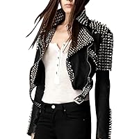 Womens Short Body Studded Funky Rockstar Waist Belt Metallic Spikes Motorcycle Riding Black Leather Jacket