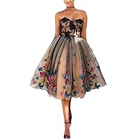 Black Tea Length Evening Wedding Party Prom Dresses with Pink Blue Butterflies Ball Gown Lace