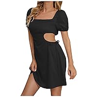 Women Cut Out Plaid/Solid Puff Short Sleeve Flowy Mini Dress Summer Square Neck Lace-Up Back Sexy Y2K Beach Dresses