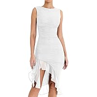 Women's Ruffle Midi Bodycon Dress Sleeveless Backless Mesh Ruched Bodice Mermaid Evening Cocktail Party Dresses